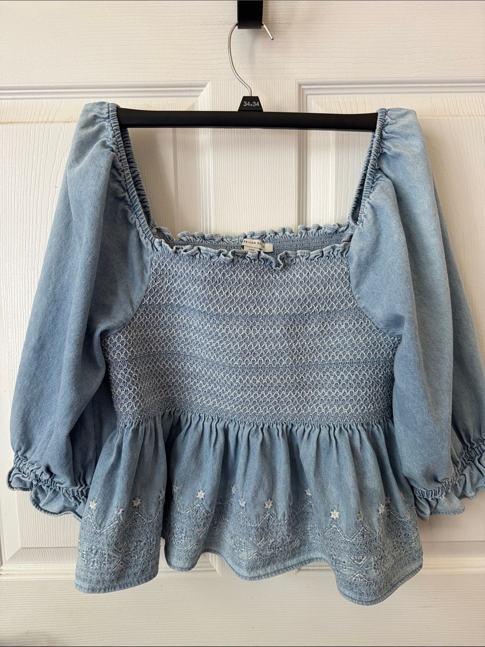 Light Blue Smocked Peasant Denim Blouse - Women's
